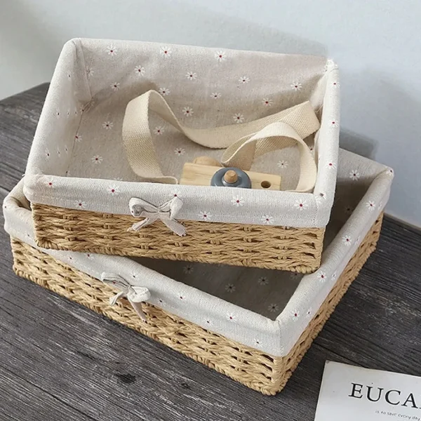 Handwoven Storage Baskets Sundries Organizer with Lid Rectangular Cosmetics Box Clothes Laundry Basket Towel Toys Container 3