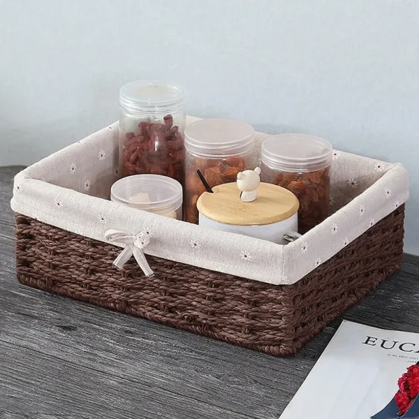 Handwoven Storage Baskets Sundries Organizer with Lid Rectangular Cosmetics Box Clothes Laundry Basket Towel Toys Container 4