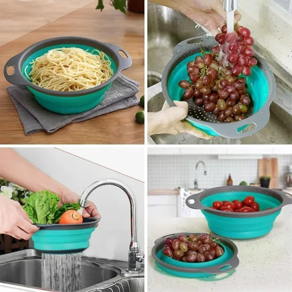 Filter Basket Collapsible Colander Silicone Kitchen Strainer for Draining Pasta Vegetable Fruit with Handles Dishwasher-Safe 3