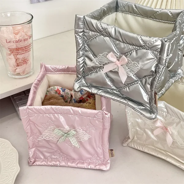 Square Storage Basket Lace Flower Desktop Organizer Storage Basket Korean Quilted Storage Basket Cute Storage Frame Home Decorat 3