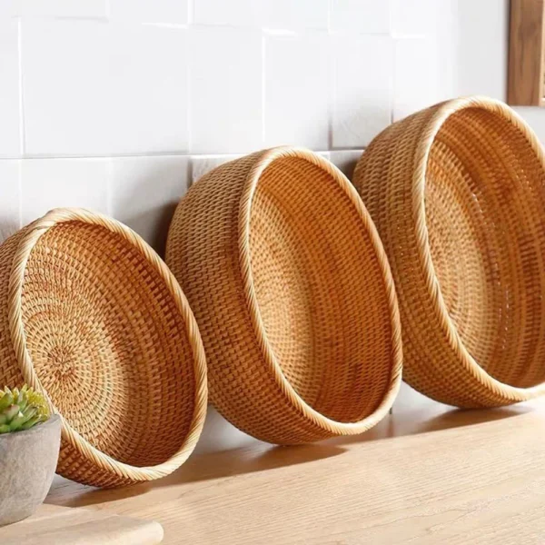Natural Food Woven Tray Box Round Handwoven Rattan Storage Baskets Home Living Room Dinner Table Snack Fruit Vegetable Basket 1