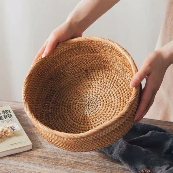 Natural Food Woven Tray Box Round Handwoven Rattan Storage Baskets Home Living Room Dinner Table Snack Fruit Vegetable Basket 2