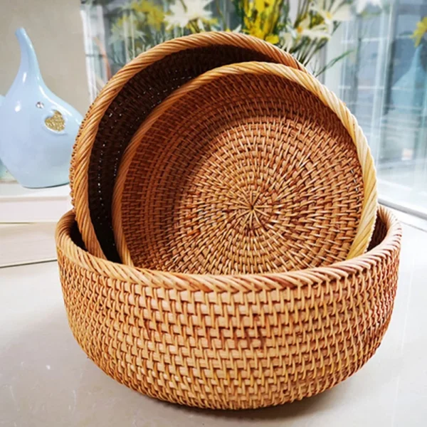 Natural Food Woven Tray Box Round Handwoven Rattan Storage Baskets Home Living Room Dinner Table Snack Fruit Vegetable Basket 3