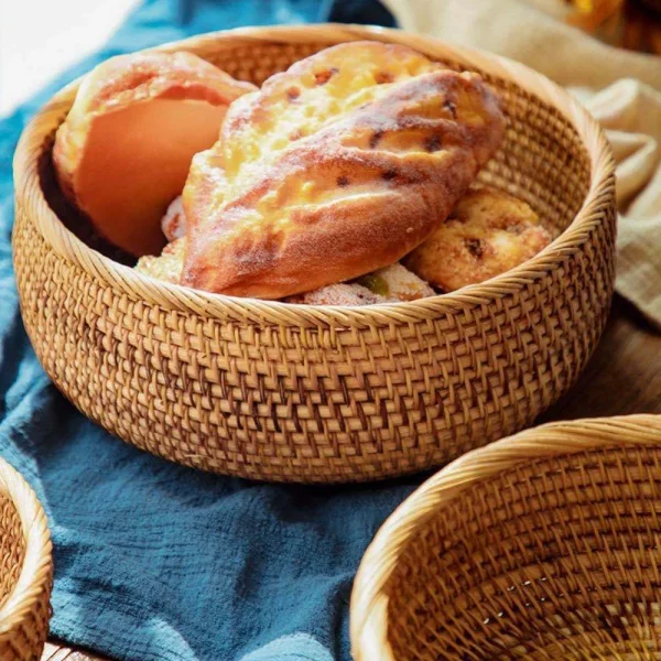 Natural Food Woven Tray Box Round Handwoven Rattan Storage Baskets Home Living Room Dinner Table Snack Fruit Vegetable Basket 4