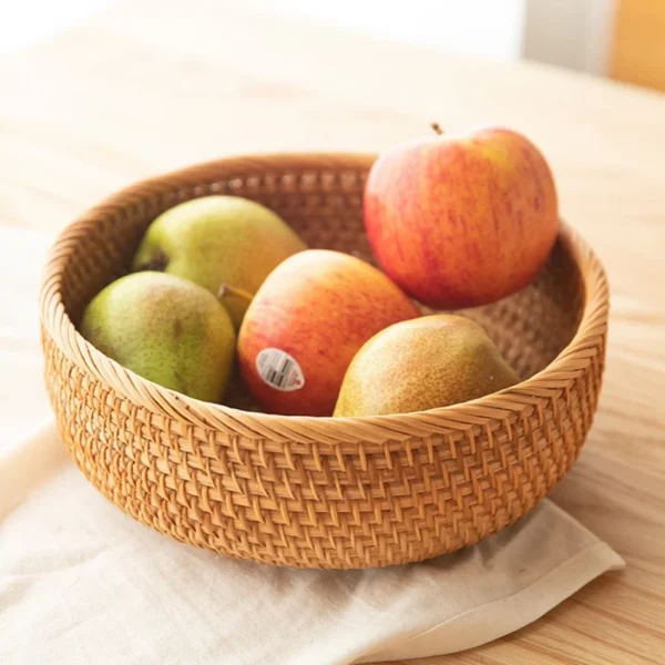 Natural Food Woven Tray Box Round Handwoven Rattan Storage Baskets Home Living Room Dinner Table Snack Fruit Vegetable Basket 5