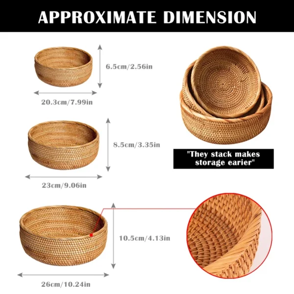 Natural Food Woven Tray Box Round Handwoven Rattan Storage Baskets Home Living Room Dinner Table Snack Fruit Vegetable Basket 6