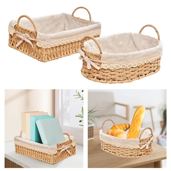 Woven Storage Baskets Handwoven Kitchen Organizer Cosmetic Box for Vegetables Breakfast Bread Bedroom Home Decorative 3