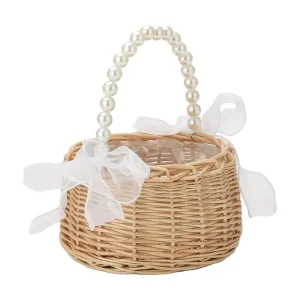 Pearl Flower Girl Basket Wedding Basket With Pearl Handle Bow Ribbon Fairy Romantic Rattan Woven Flower Basket For Wedding Card 1