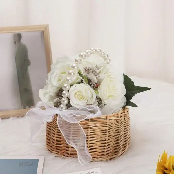 Pearl Flower Girl Basket Wedding Basket With Pearl Handle Bow Ribbon Fairy Romantic Rattan Woven Flower Basket For Wedding Card 3