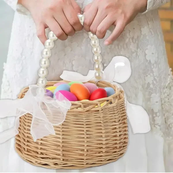 Pearl Flower Girl Basket Wedding Basket With Pearl Handle Bow Ribbon Fairy Romantic Rattan Woven Flower Basket For Wedding Card 4