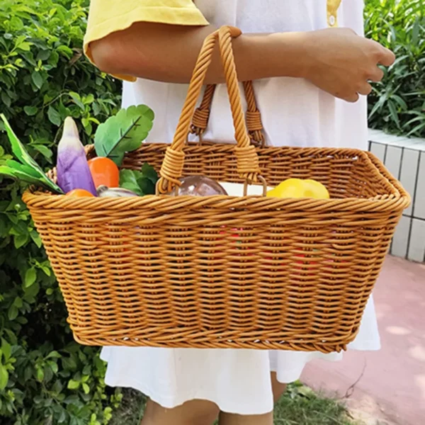 Light Weight Imitation Rattan Storage Basket Garden Picking Gift Basket Outdoor Picnic Storage Container With Foldable Handle 2