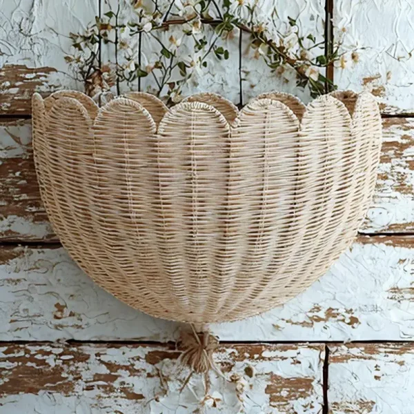LX0C Handwoven Scalloped Basket Natural Rattan Hanging Decoration for Bedroom and Bathroom Wall mounted Storage Solution 4