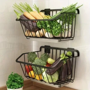 Kitchen Storage Basket Stainless Steel Fruit Vegetable Drain Storage Organizer Wall Mounted Spice Rack Dish Shelf Kitchen Tool 1