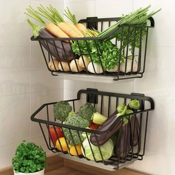 Kitchen Storage Basket Stainless Steel Fruit Vegetable Drain Storage Organizer Wall Mounted Spice Rack Dish Shelf Kitchen Tool 1