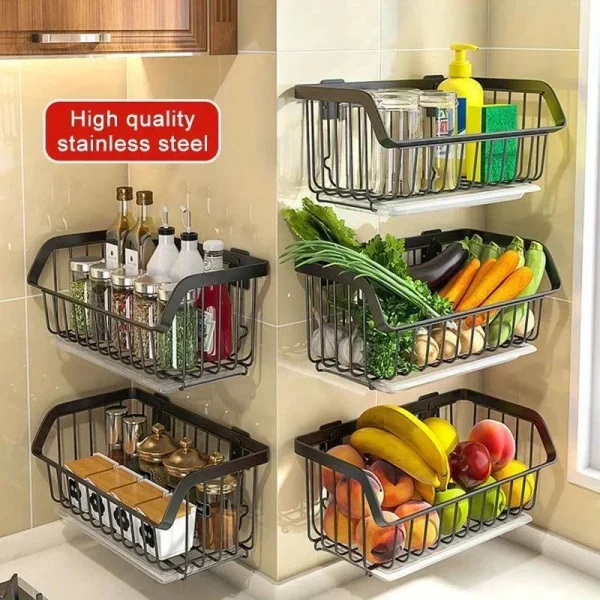 Kitchen Storage Basket Stainless Steel Fruit Vegetable Drain Storage Organizer Wall Mounted Spice Rack Dish Shelf Kitchen Tool 2