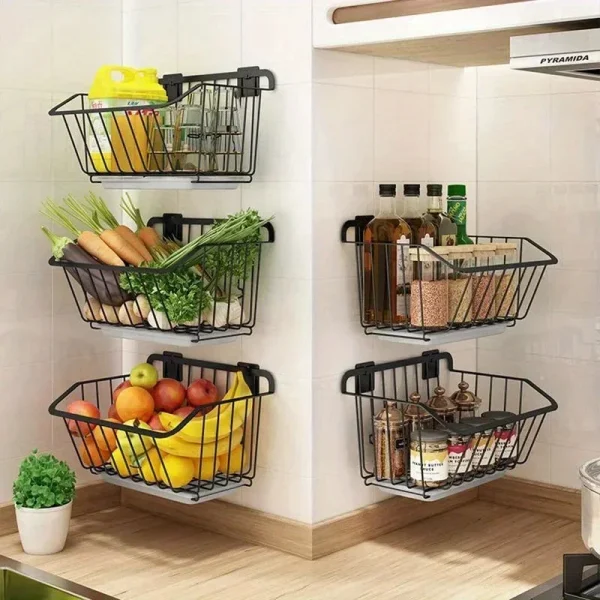 Kitchen Storage Basket Stainless Steel Fruit Vegetable Drain Storage Organizer Wall Mounted Spice Rack Dish Shelf Kitchen Tool 3