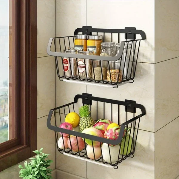 Kitchen Storage Basket Stainless Steel Fruit Vegetable Drain Storage Organizer Wall Mounted Spice Rack Dish Shelf Kitchen Tool 5