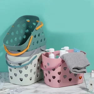 Portable Shower Tote Heart Shaped Hollow Plastic Storage Basket with Handle Box Bin for Bathroom Pantry 1