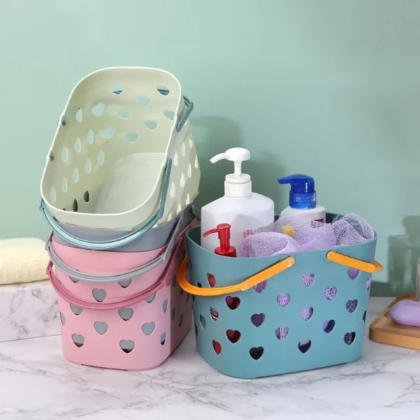 Portable Shower Tote Heart Shaped Hollow Plastic Storage Basket with Handle Box Bin for Bathroom Pantry 3