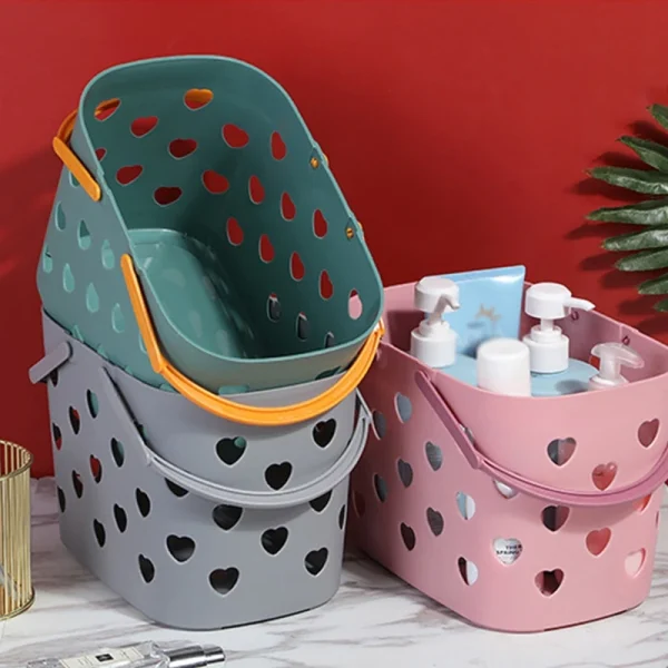 Portable Shower Tote Heart Shaped Hollow Plastic Storage Basket with Handle Box Bin for Bathroom Pantry 5