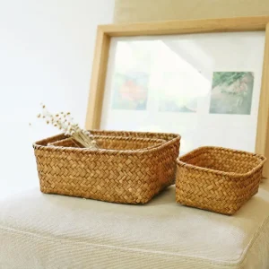 Woven Seagrass Storage Baskets Straw Pot Rattan Basket Desk Organizer Picnic Basket Fruit Storage Box Cosmetic Storage Container 1