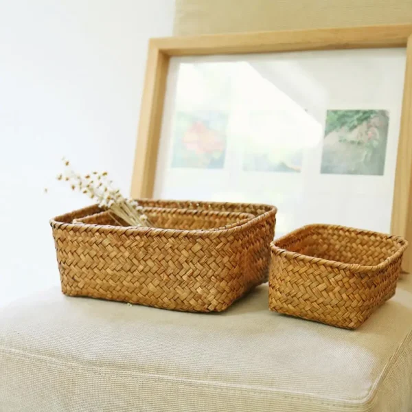 Woven Seagrass Storage Baskets Straw Pot Rattan Basket Desk Organizer Picnic Basket Fruit Storage Box Cosmetic Storage Container 1