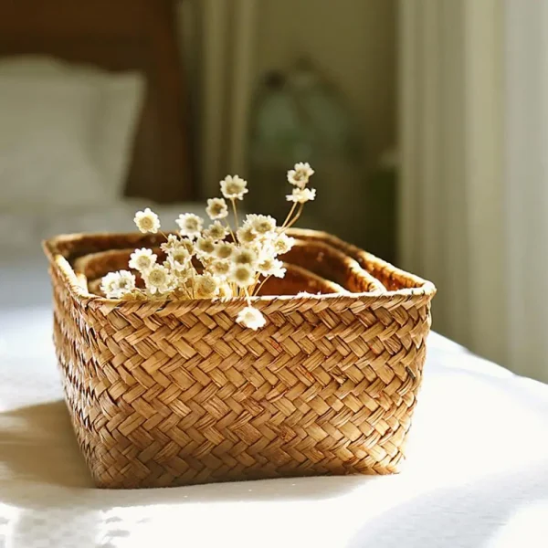 Woven Seagrass Storage Baskets Straw Pot Rattan Basket Desk Organizer Picnic Basket Fruit Storage Box Cosmetic Storage Container 2