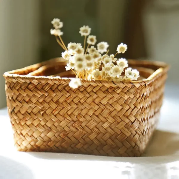 Woven Seagrass Storage Baskets Straw Pot Rattan Basket Desk Organizer Picnic Basket Fruit Storage Box Cosmetic Storage Container 3