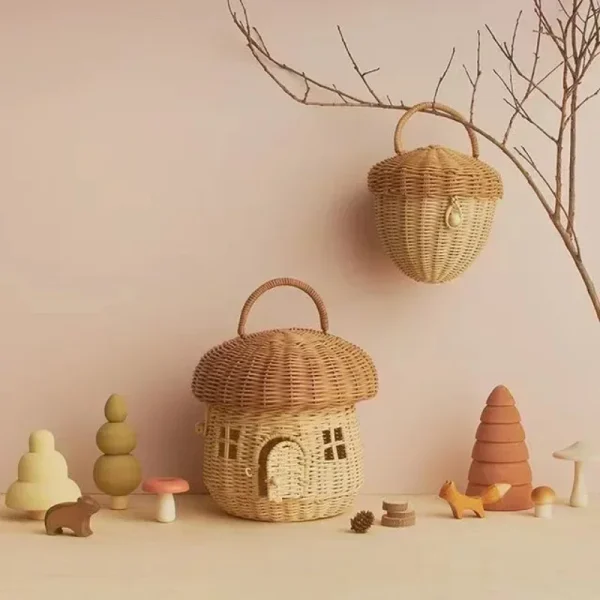 Rattan Woven Mushroom Basket Summer Portable Children Woven Bags Outdoor Vacation Picnic Baskets Kids Toy Sundries Organizer 2