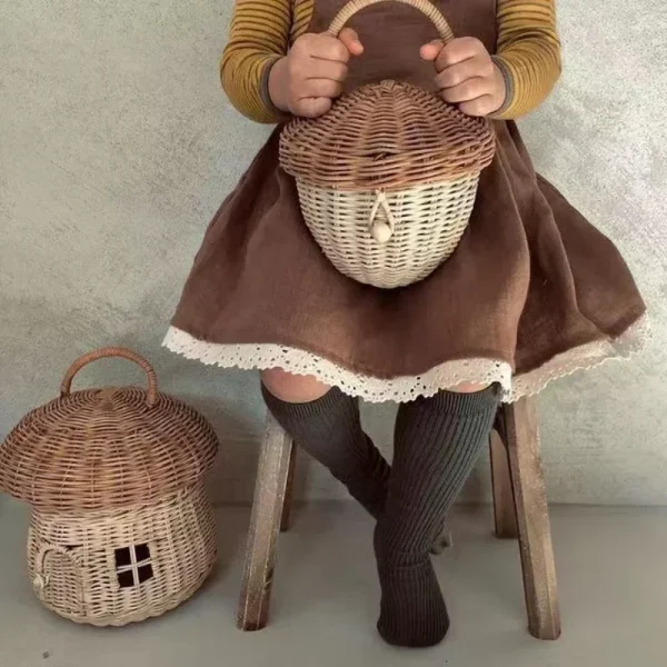 Rattan Woven Mushroom Basket Summer Portable Children Woven Bags Outdoor Vacation Picnic Baskets Kids Toy Sundries Organizer 4