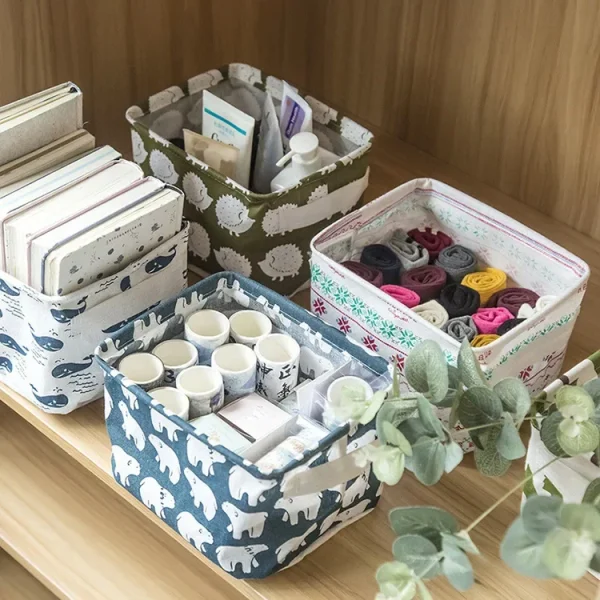 Small Foldable Canvas Storage Basket with Handle Cotton and Linen Desktop Storage Box Small Fresh Waterproof Storage Basket 1PC 2