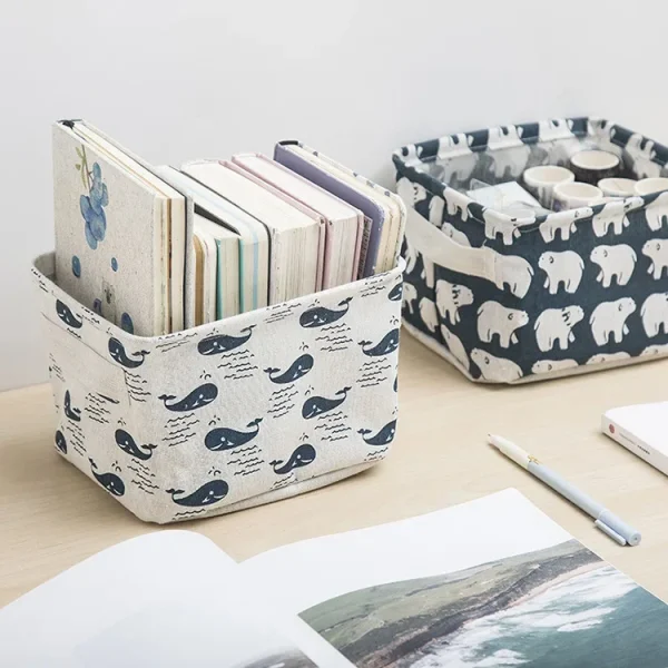 Small Foldable Canvas Storage Basket with Handle Cotton and Linen Desktop Storage Box Small Fresh Waterproof Storage Basket 1PC 3