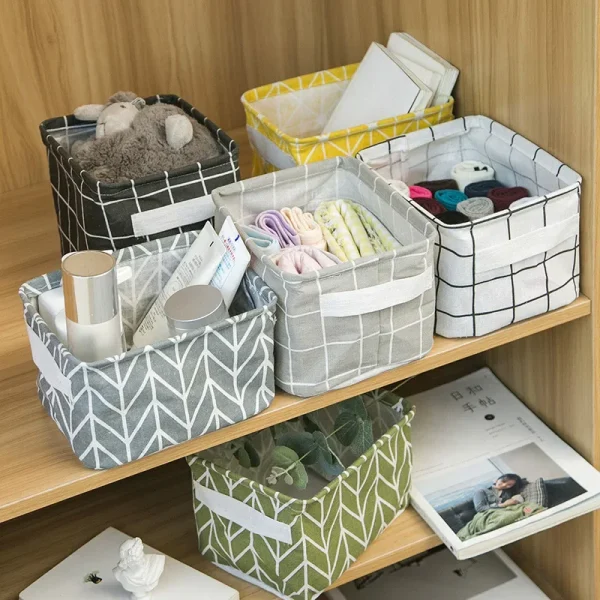 Small Foldable Canvas Storage Basket with Handle Cotton and Linen Desktop Storage Box Small Fresh Waterproof Storage Basket 1PC 5