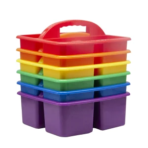 Colorful Assorted Set of 6 Bin Baskets Stackable Plastic Classroom and Utility Caddy Organizer with Handles and 3 Compartments 1