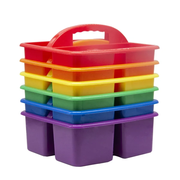 Colorful Assorted Set of 6 Bin Baskets Stackable Plastic Classroom and Utility Caddy Organizer with Handles and 3 Compartments 1