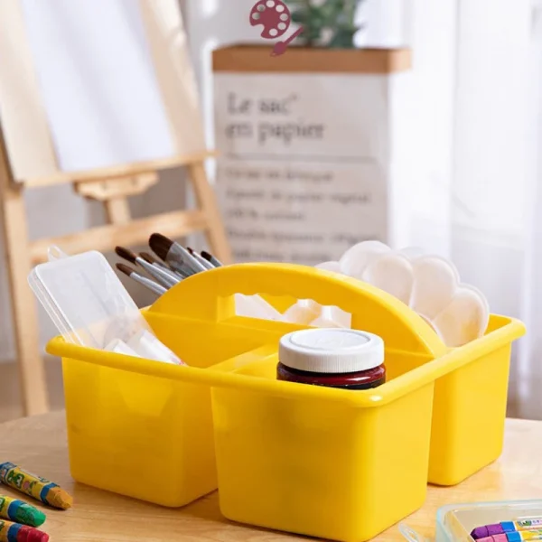 Colorful Assorted Set of 6 Bin Baskets Stackable Plastic Classroom and Utility Caddy Organizer with Handles and 3 Compartments 4