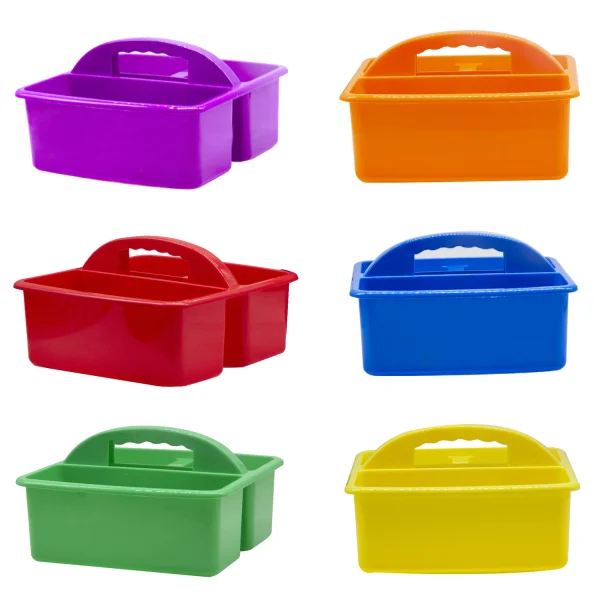Colorful Assorted Set of 6 Bin Baskets Stackable Plastic Classroom and Utility Caddy Organizer with Handles and 3 Compartments 6