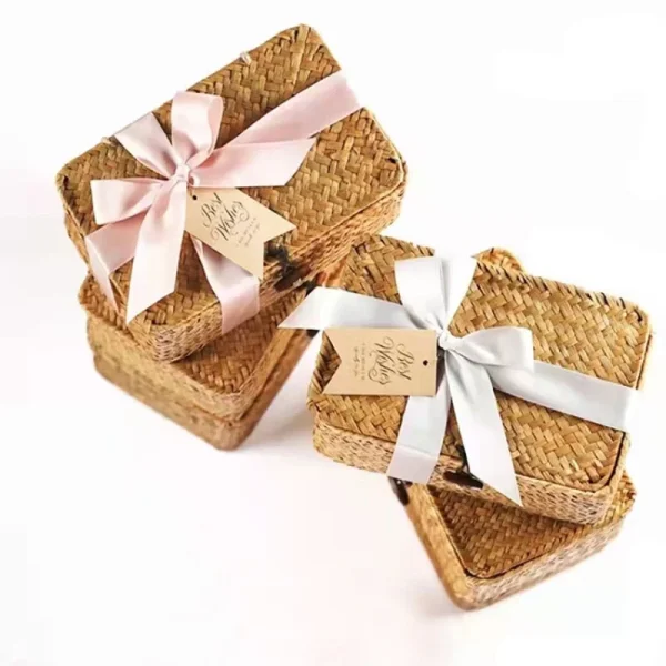 Seaweed woven storage basket, Western wedding gift basket with lid, rattan willow woven storage box 1