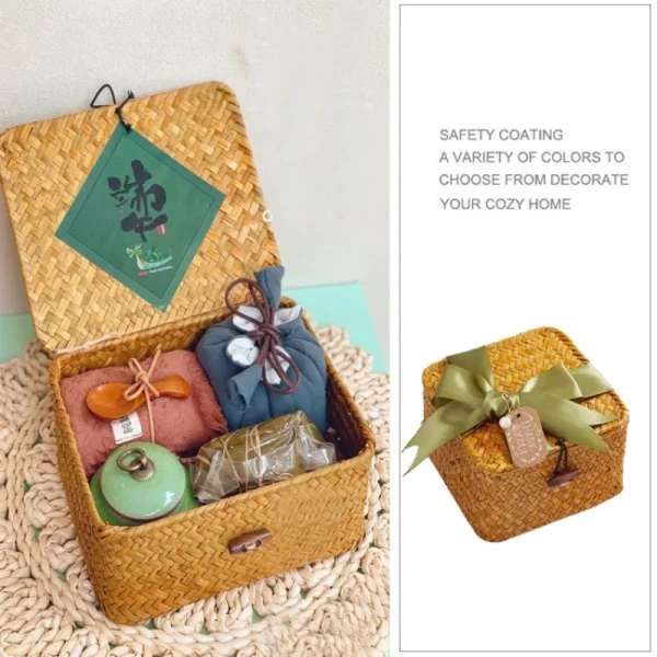 Seaweed woven storage basket, Western wedding gift basket with lid, rattan willow woven storage box 3