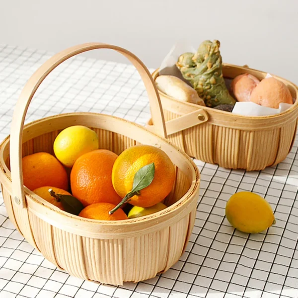 Natural Wood Chips Woven Wicker Picnic Basket With Treated Storage Basket Portable Fruit And Vegetable Shopping Flower Basket 2