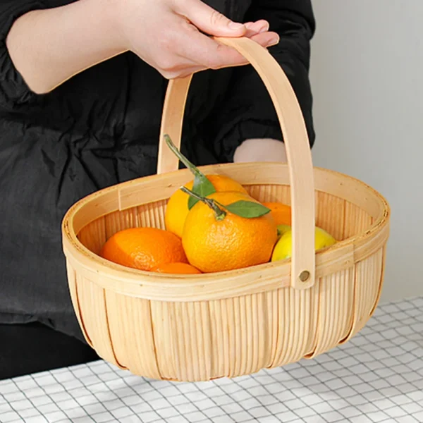 Natural Wood Chips Woven Wicker Picnic Basket With Treated Storage Basket Portable Fruit And Vegetable Shopping Flower Basket 4