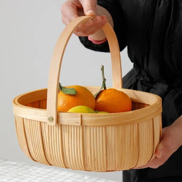 Natural Wood Chips Woven Wicker Picnic Basket With Treated Storage Basket Portable Fruit And Vegetable Shopping Flower Basket 5
