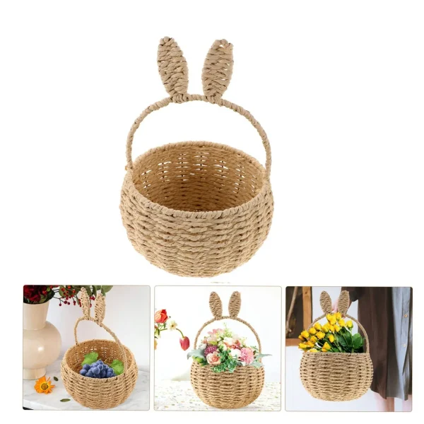 Rabbit Ears Basket Handwoven Round Easter Imitation Rattan Storage Gifts Paper Rope Sundries Holder Flower Basket 1