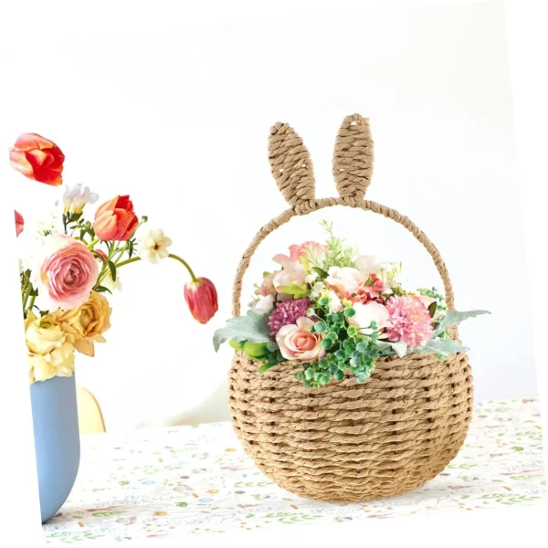 Rabbit Ears Basket Handwoven Round Easter Imitation Rattan Storage Gifts Paper Rope Sundries Holder Flower Basket 2