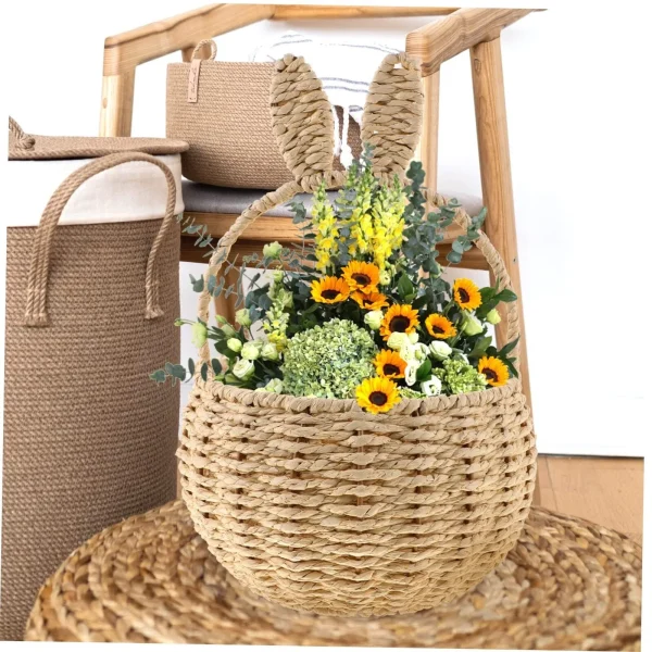Rabbit Ears Basket Handwoven Round Easter Imitation Rattan Storage Gifts Paper Rope Sundries Holder Flower Basket 4