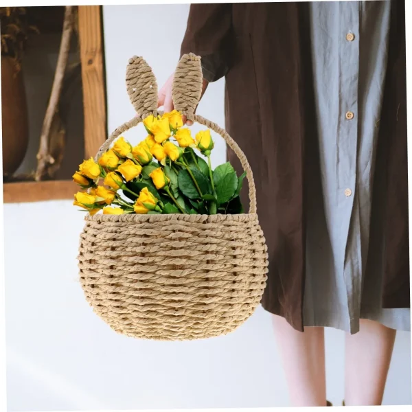 Rabbit Ears Basket Handwoven Round Easter Imitation Rattan Storage Gifts Paper Rope Sundries Holder Flower Basket 5