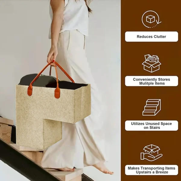 Stair Basket with Leather Handle for Carpeted Stairs, Staircase Basket for Wooden Stairs, Foldable Basket Organizer for Office 2
