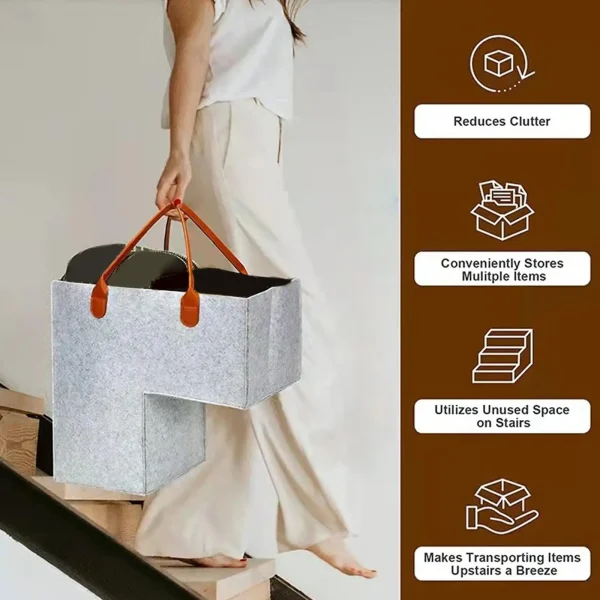 Stair Basket with Leather Handle for Carpeted Stairs, Staircase Basket for Wooden Stairs, Foldable Basket Organizer for Office 3