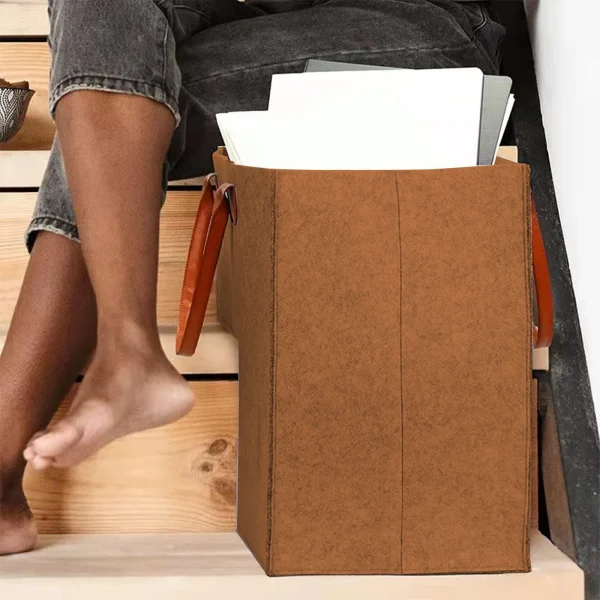 Stair Basket with Leather Handle for Carpeted Stairs, Staircase Basket for Wooden Stairs, Foldable Basket Organizer for Office 4