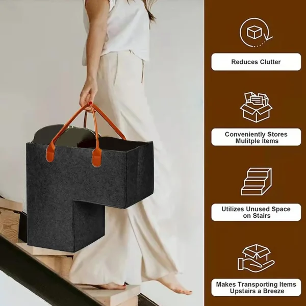 Stair Basket with Leather Handle for Carpeted Stairs, Staircase Basket for Wooden Stairs, Foldable Basket Organizer for Office 5